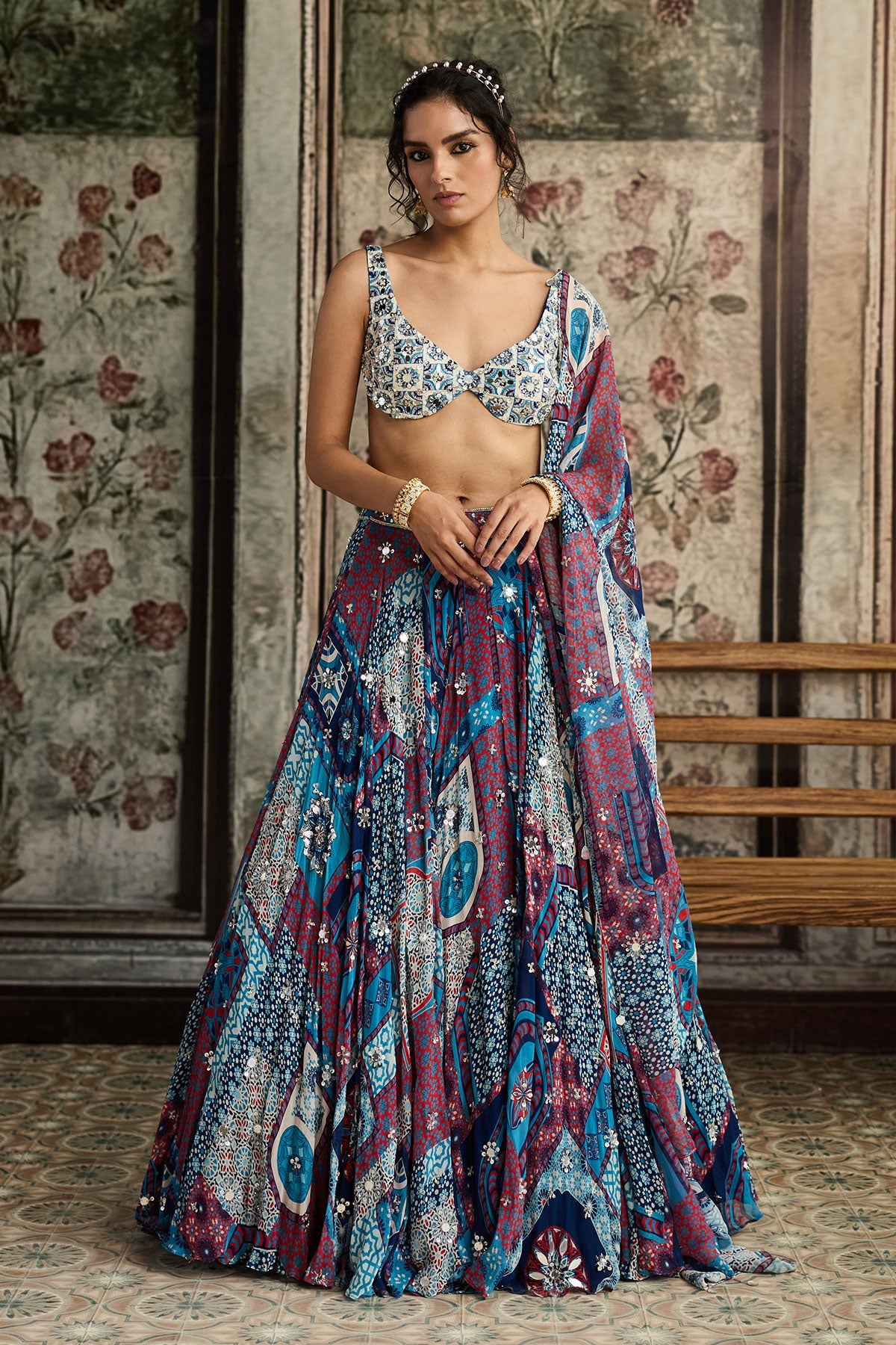 Ivory Butta Print And Highlighted Blouse With Teal Print And Highlighted Lehenga Set