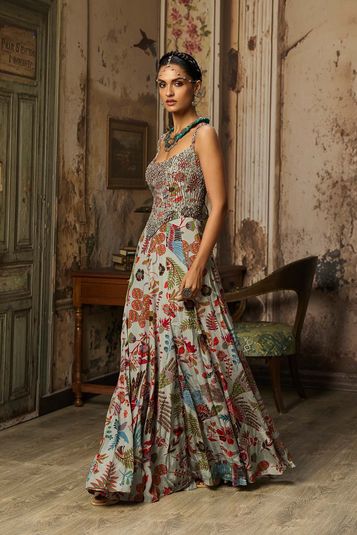 SLATE GREY PRINTED AND HIGHLIGHTED CORSET GOWN