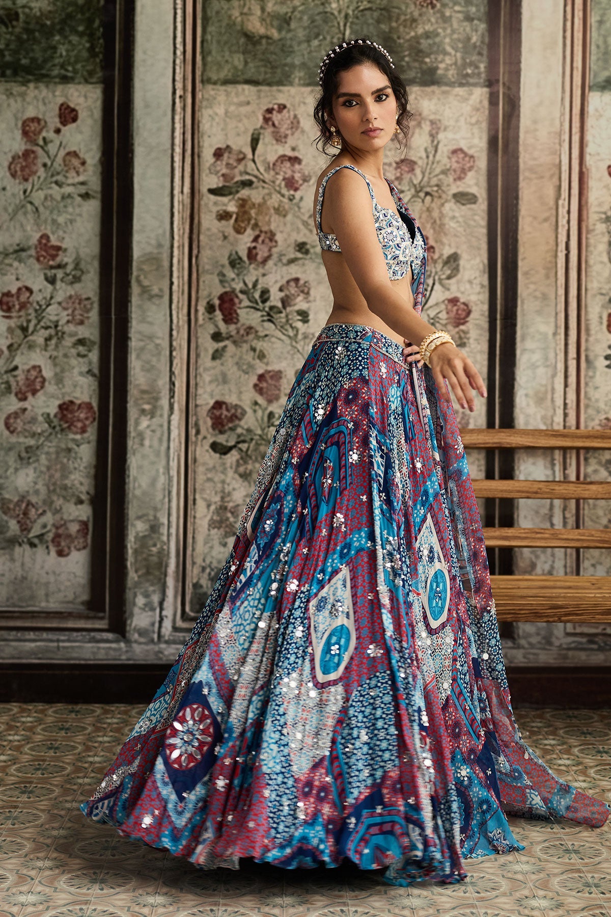 Ivory Butta Print And Highlighted Blouse With Teal Print And Highlighted Lehenga Set