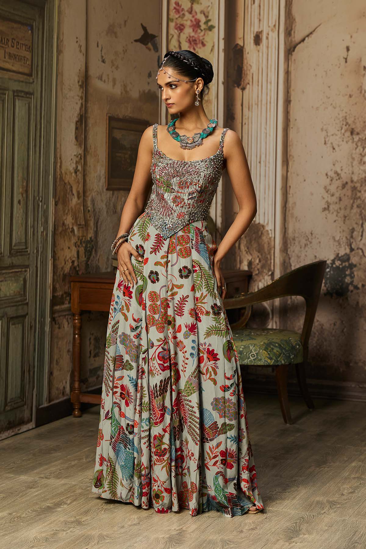 SLATE GREY PRINTED AND HIGHLIGHTED CORSET GOWN