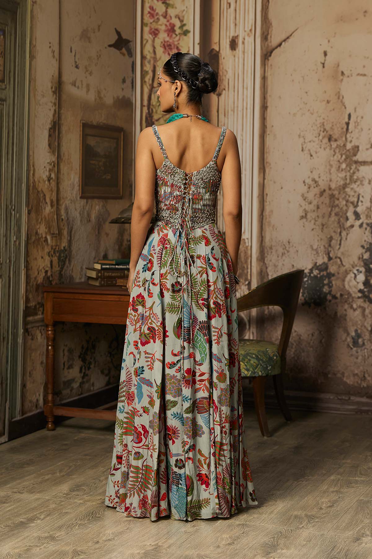 SLATE GREY PRINTED AND HIGHLIGHTED CORSET GOWN