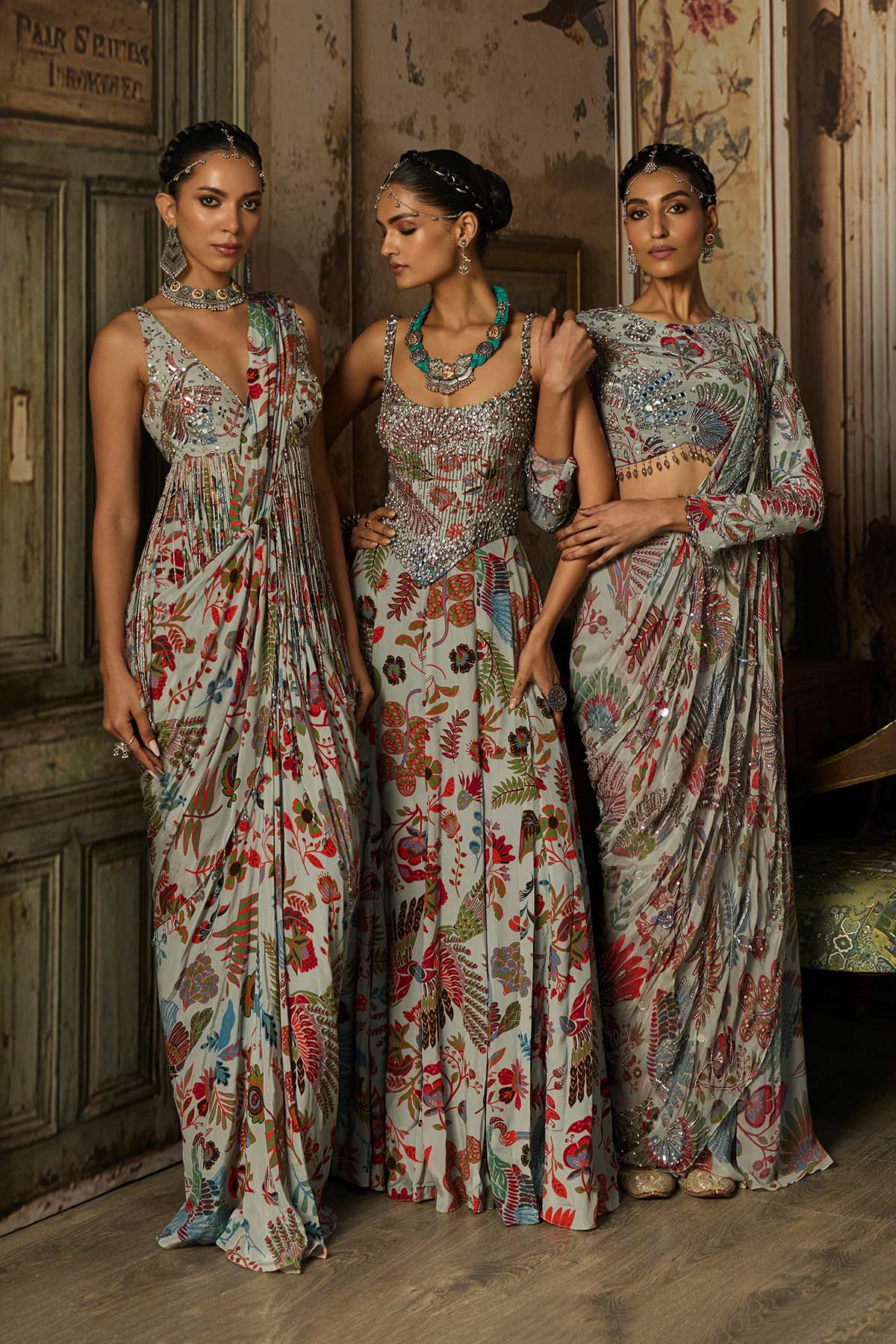 SLATE GREY PRINTED AND HIGHLIGHTED CORSET GOWN