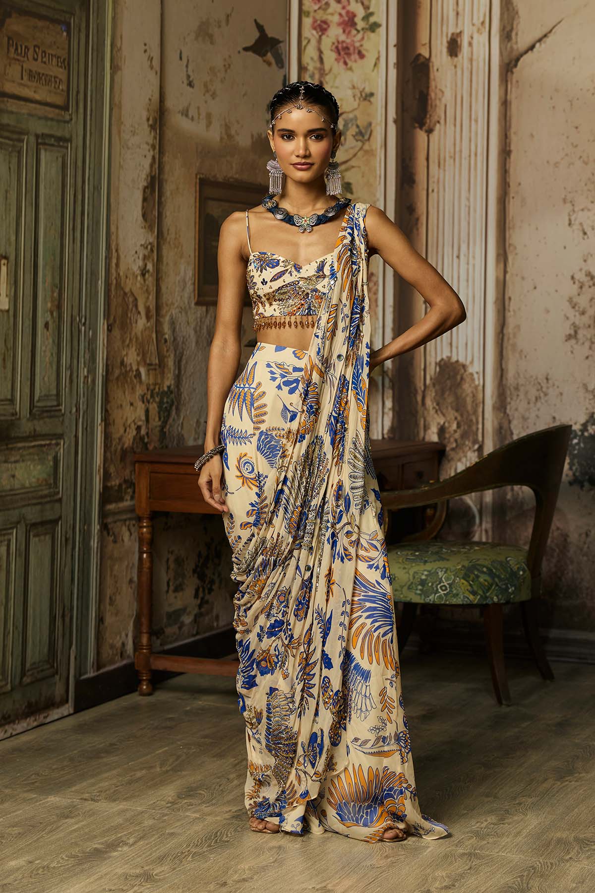 IVORY PRINTED AND HIGHLIGHTED SHARARA PANTS SAREE SET