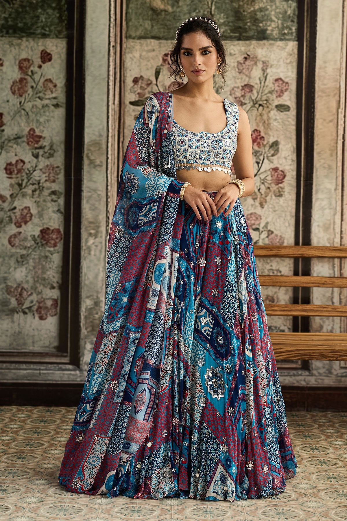Ivory Butta Print And Highlighted Blouse With Teal Print And Highlighted Lehenga Set