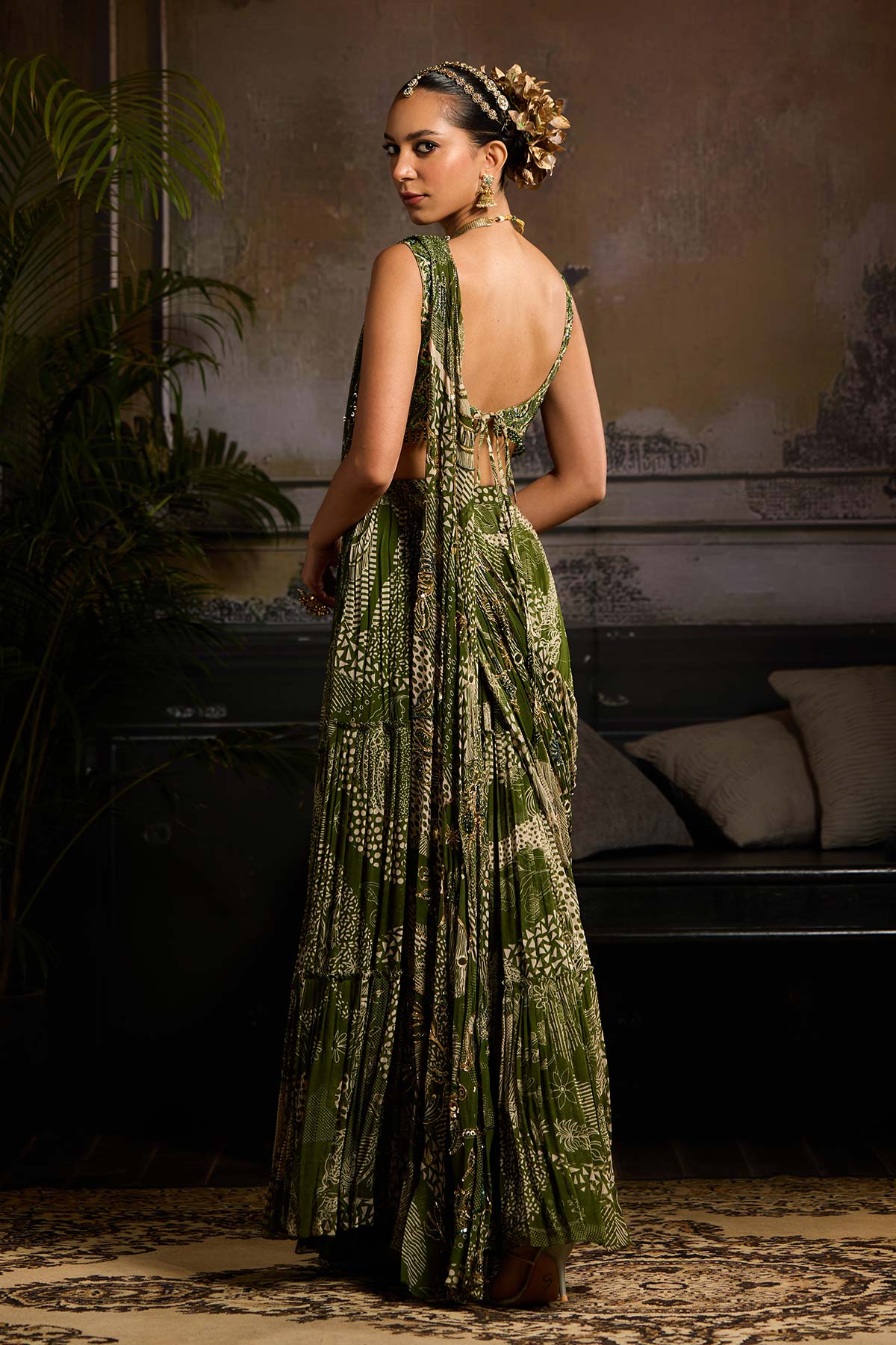 Nora Fatehi in Sage Green Print and Highlighted Skirt Saree Set