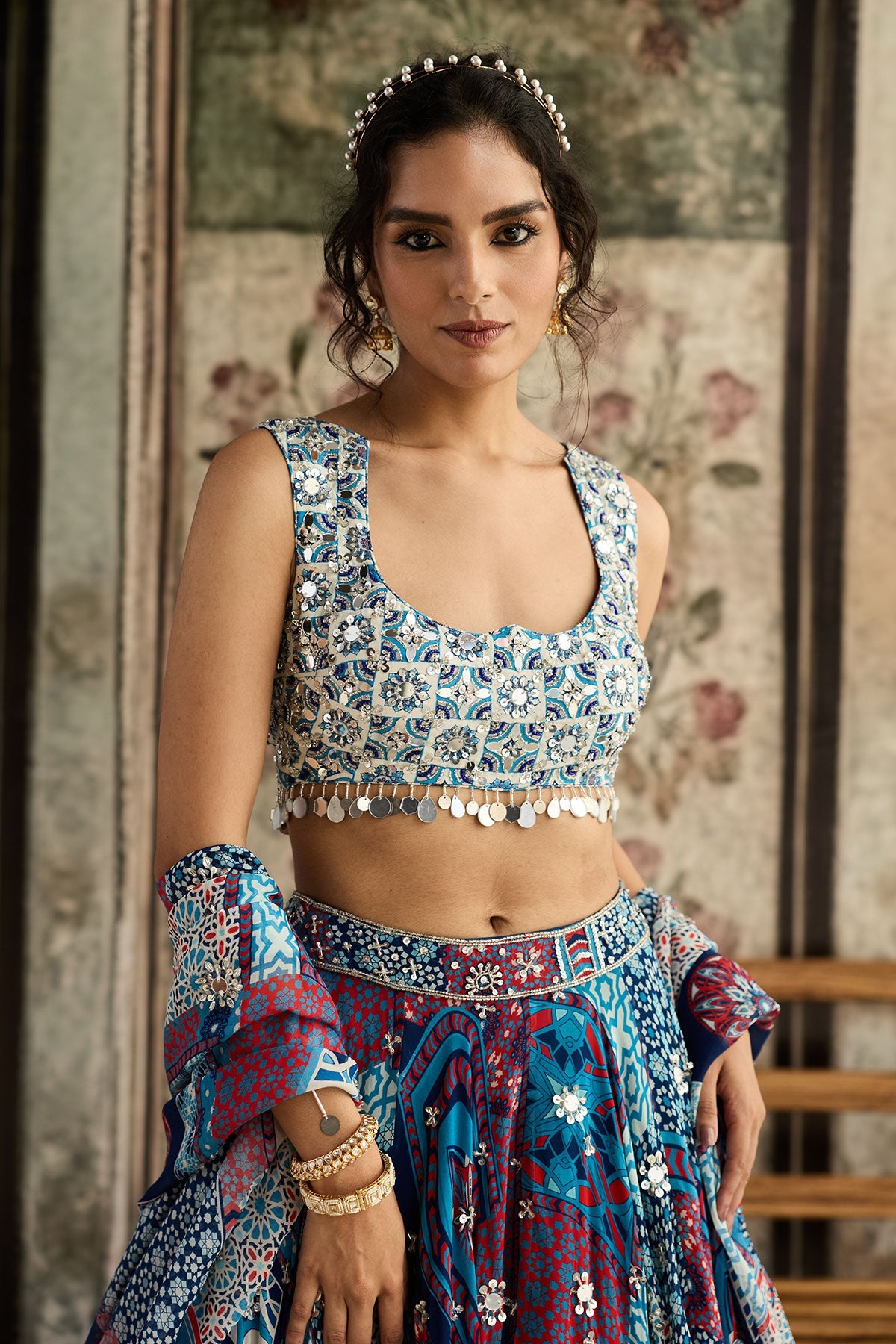 Ivory Butta Print And Highlighted Blouse With Teal Print And Highlighted Lehenga Set