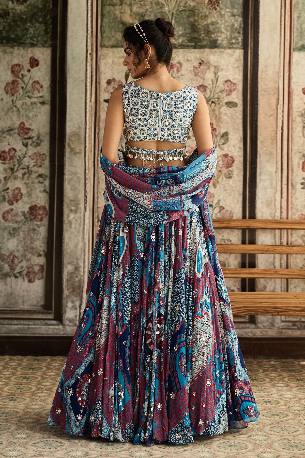 Ivory Butta Print And Highlighted Blouse With Teal Print And Highlighted Lehenga Set