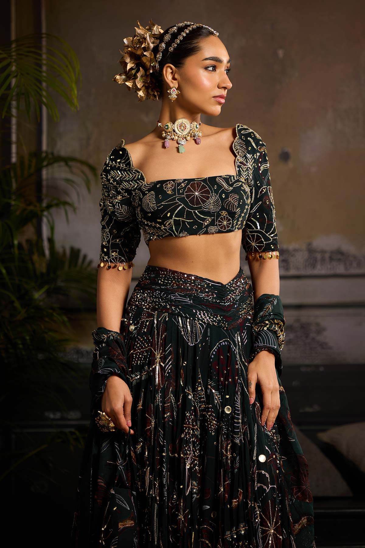 Richa Begani in Dark Green Print and Highlighted Lehenga Set