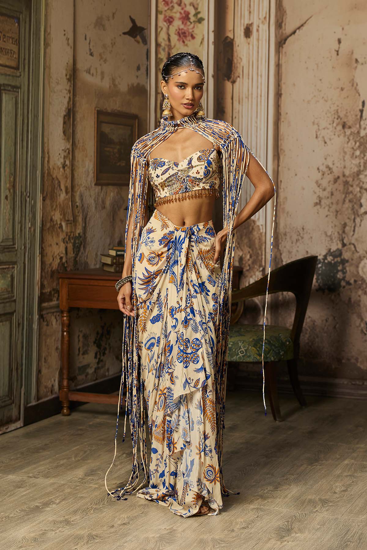 IVORY PRINTED AND HIGHLIGHTED BLOUSE WITH FRINGE JACKET & SKIRT SET