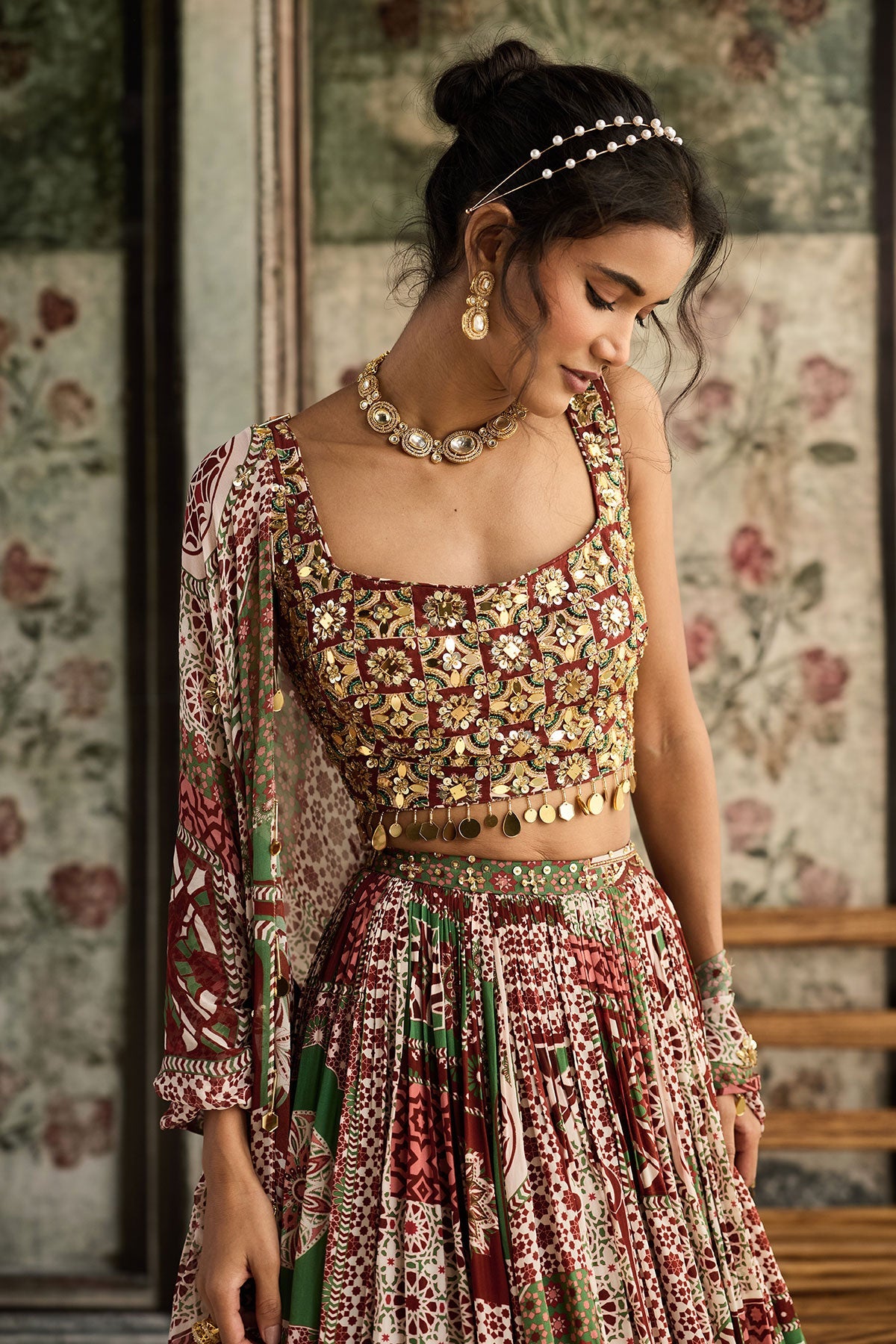Sage-Maroon Print And Highlighted Square Neck Blouse With Lehenga Set