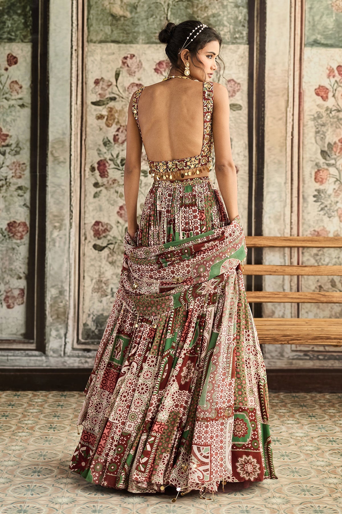 Sage-Maroon Print And Highlighted Square Neck Blouse With Lehenga Set