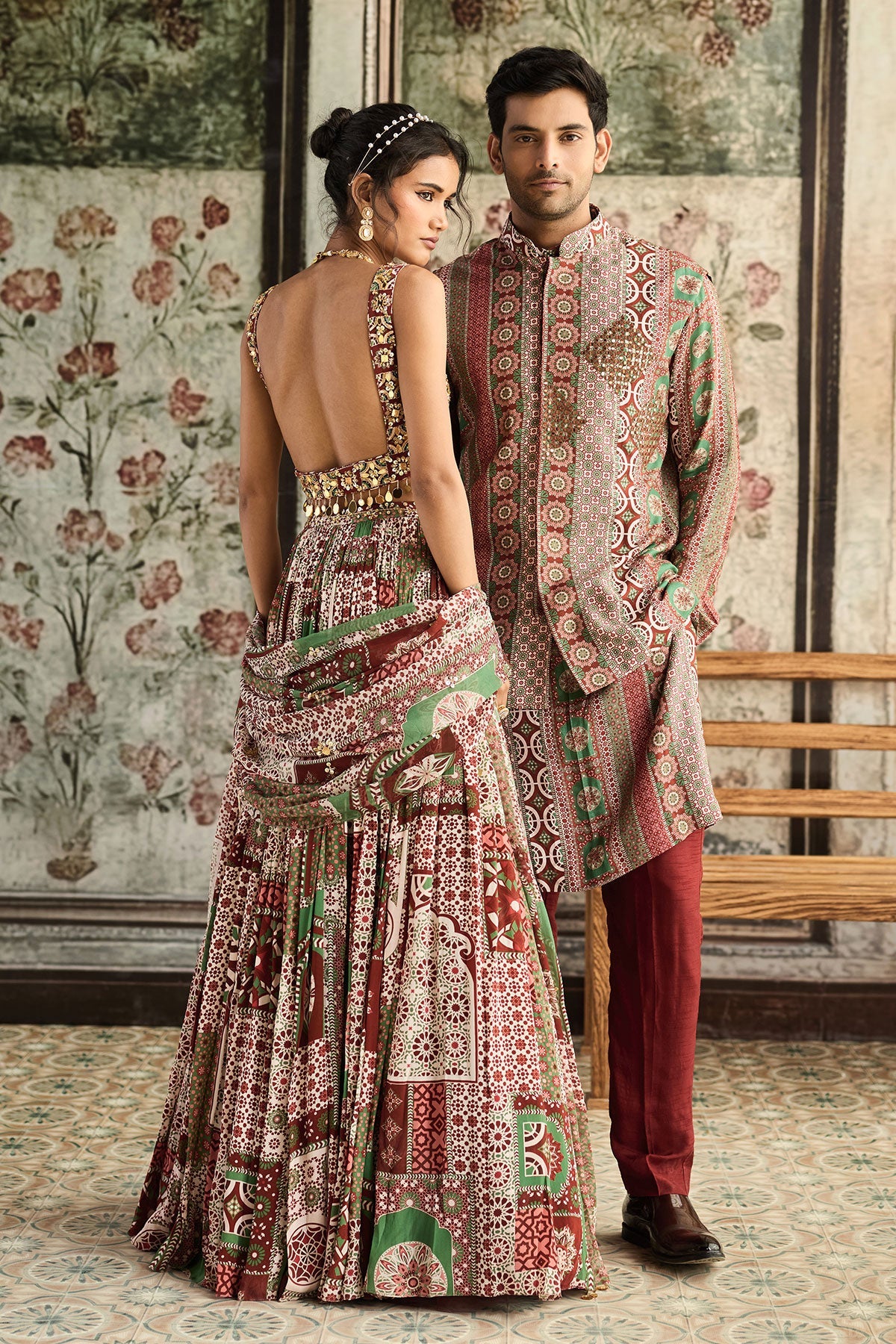 Sage-Maroon Print And Highlighted Square Neck Blouse With Lehenga Set