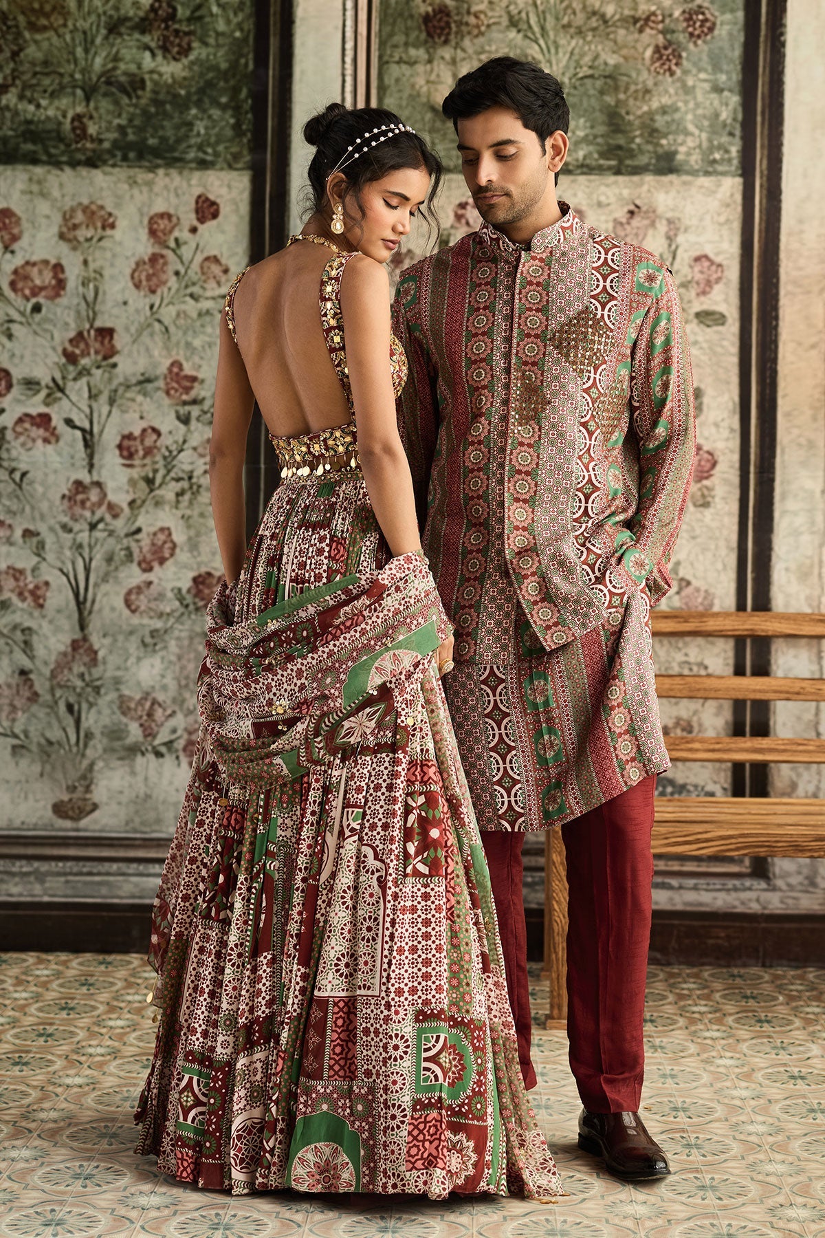 Sage-Maroon Print And Highlighted Square Neck Blouse With Lehenga Set