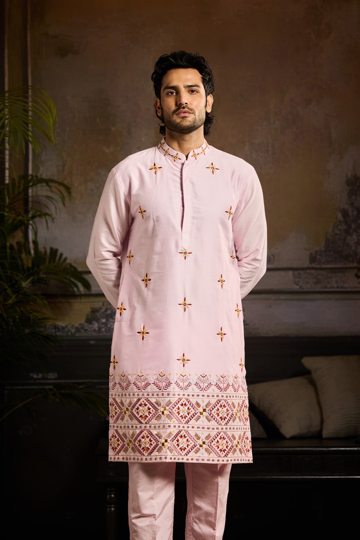 BLUSH PINK TRIBLE EMBROIDERED KURTA PAIRED WITH BLUSH PINK PANTS