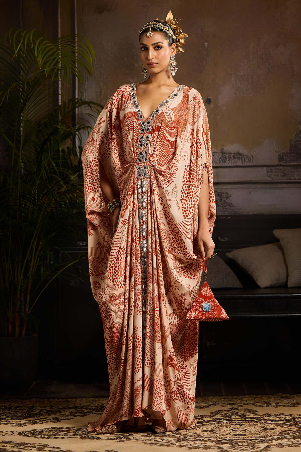 Beige & Rust Print and Highlighted Kaftan with Potali Bag 8