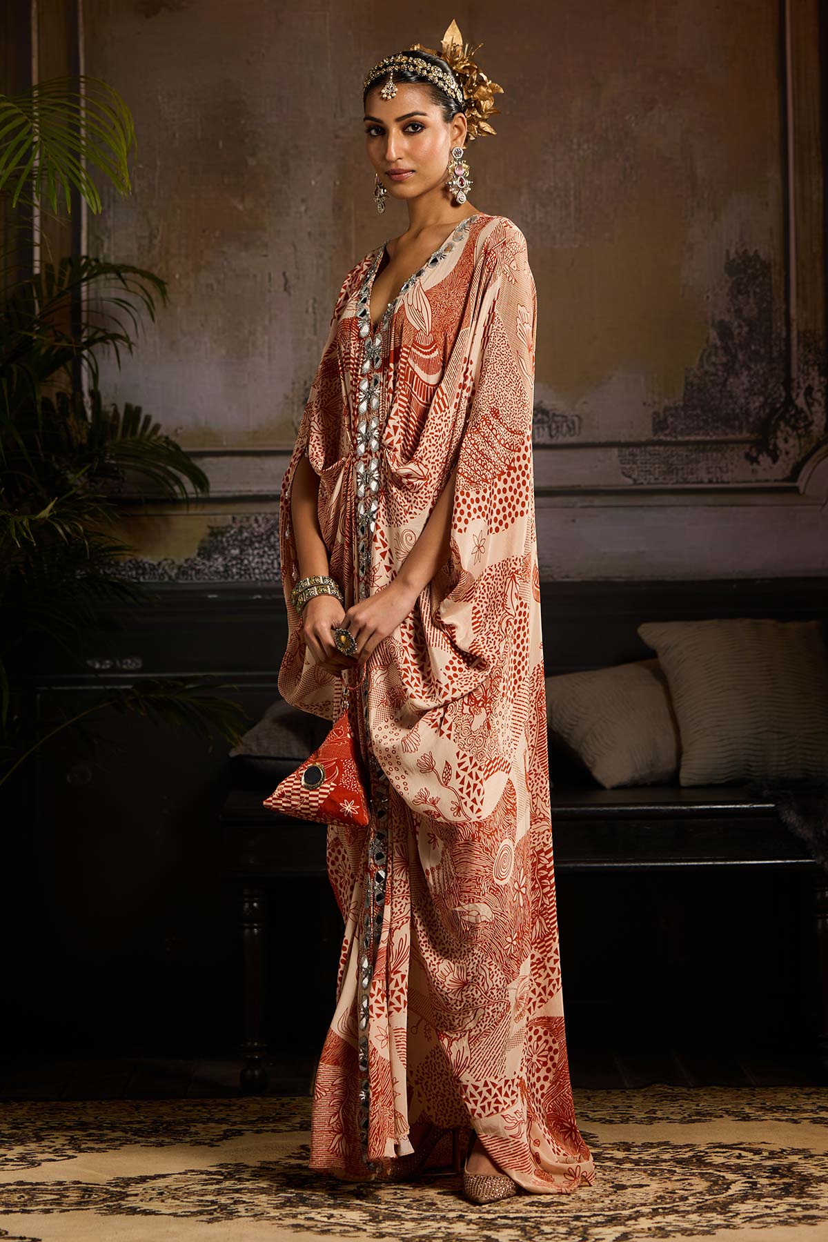 Beige & Rust Print and Highlighted Kaftan with Potali Bag