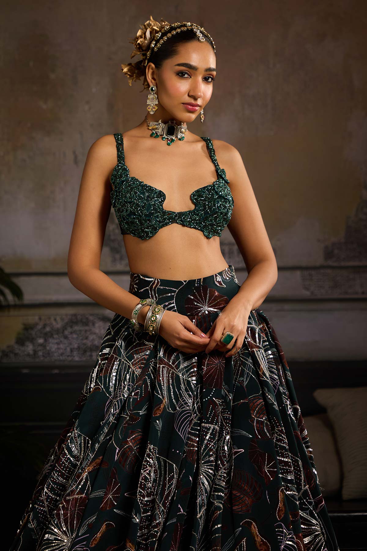 DARK GREEN PRINT AND HIGHLIGHTED LEHENGA SET