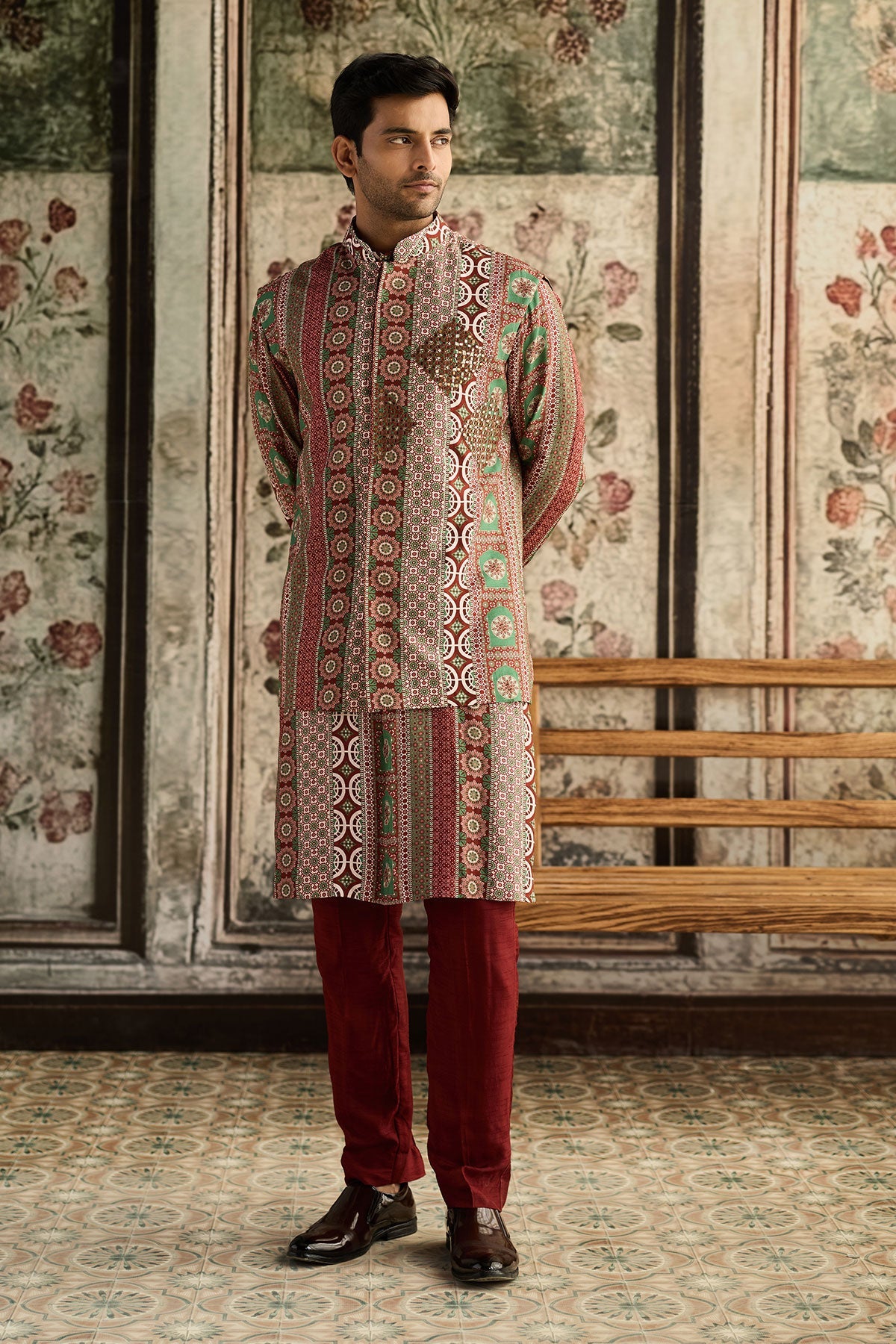 Sage & Maroon Print & Highlighted Bundy,Kurta & Pants