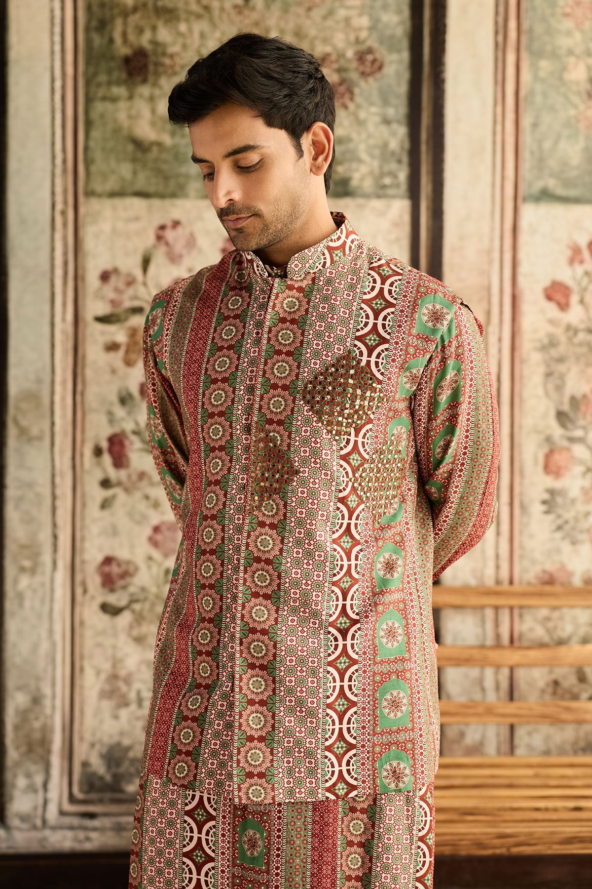 Sage & Maroon Print & Highlighted Bundy,Kurta & Pants