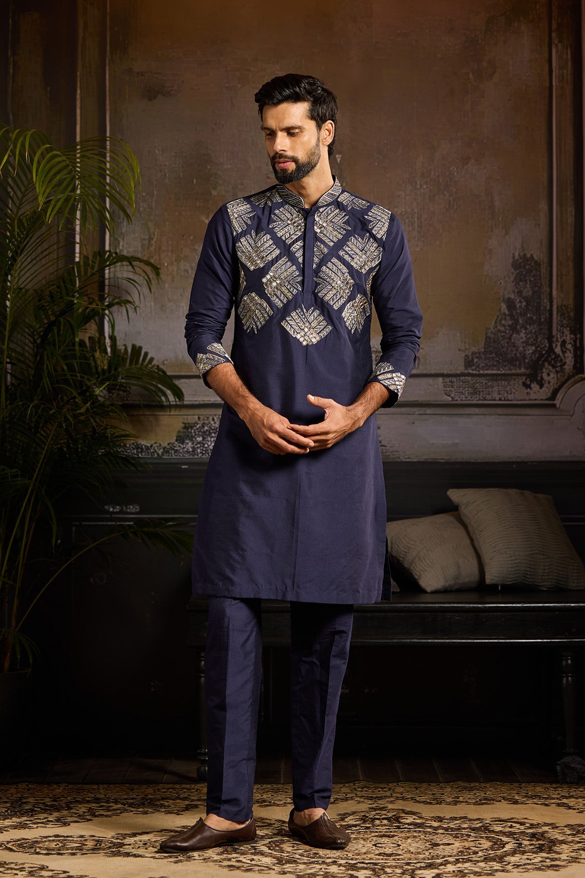DARK BLUE EMBROIDERED KURTA PAIRED WITH DARK BLUE PANTS