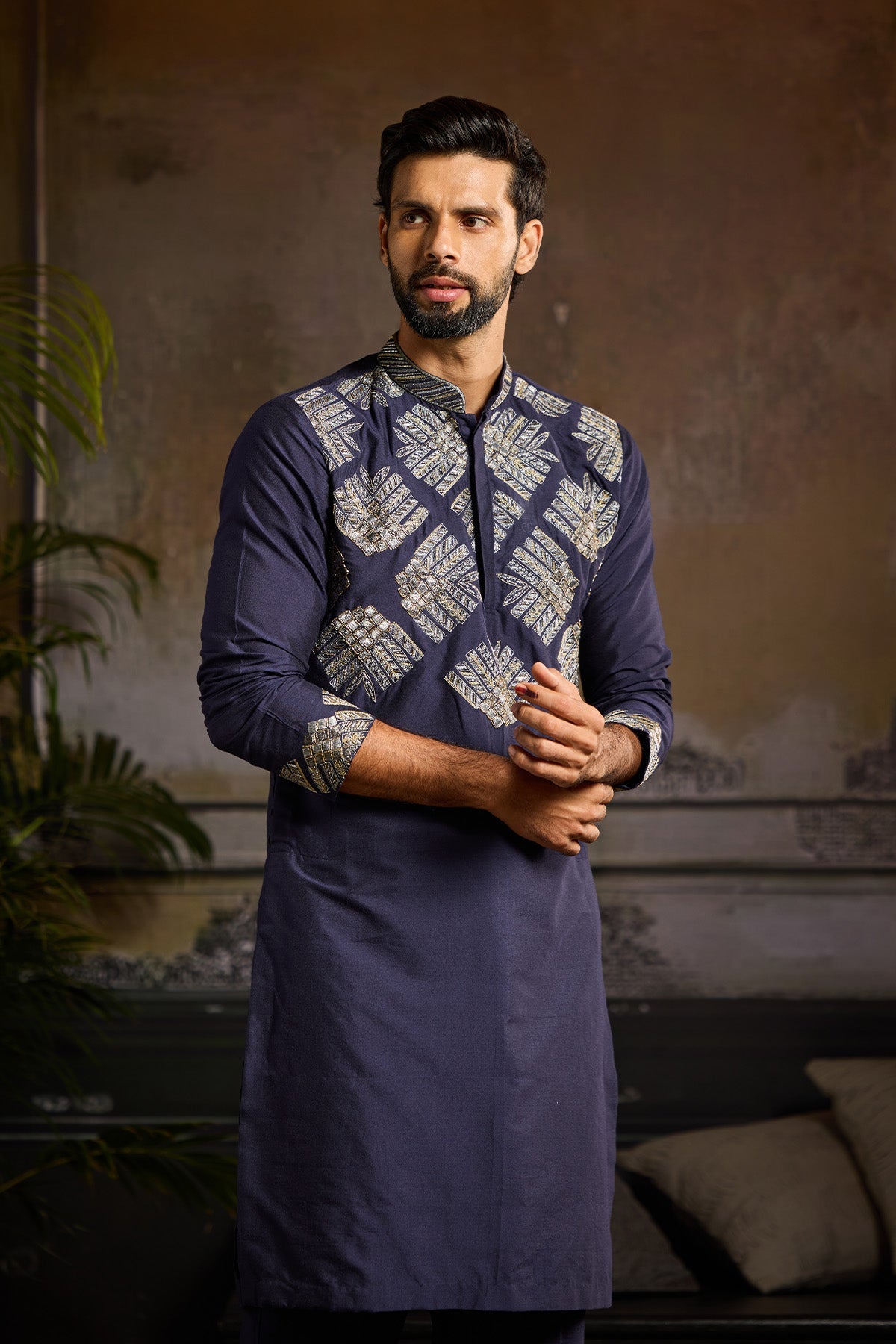 DARK BLUE EMBROIDERED KURTA PAIRED WITH DARK BLUE PANTS