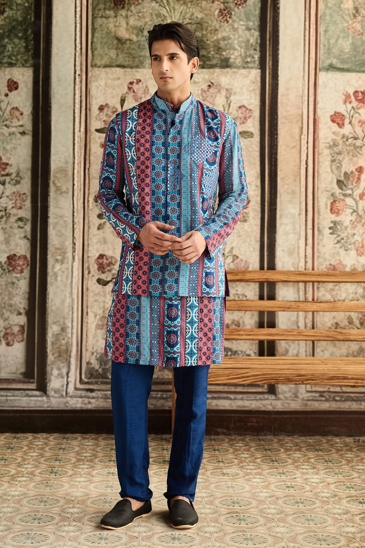 Blue Print & Highlighted Bundy,Kurta And Pants Set