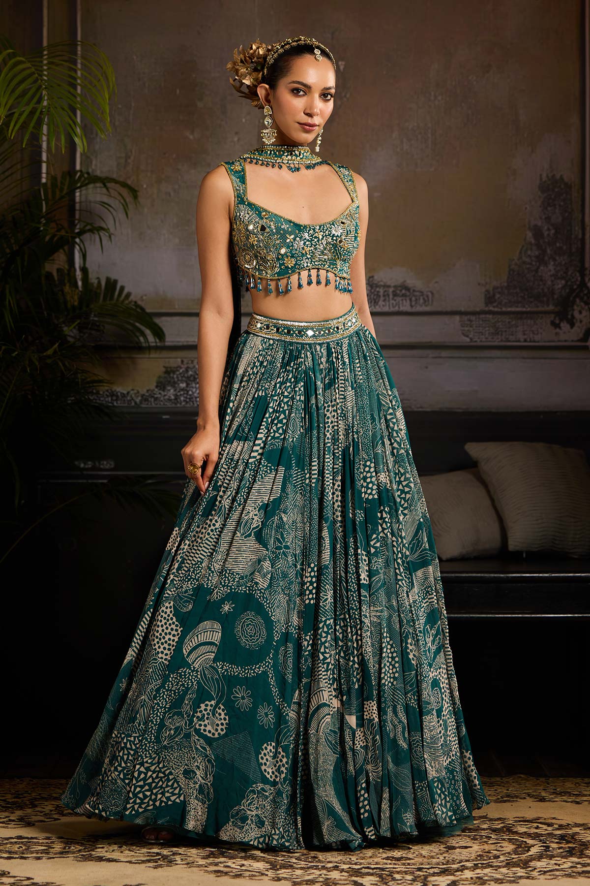 Teal Print and Highlighted Lehenga Set