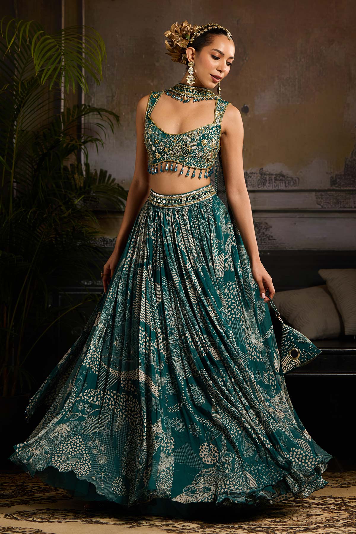 Teal Print and Highlighted Lehenga Set