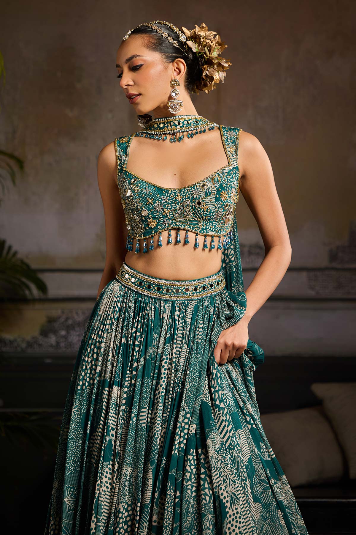 Teal Print and Highlighted Lehenga Set