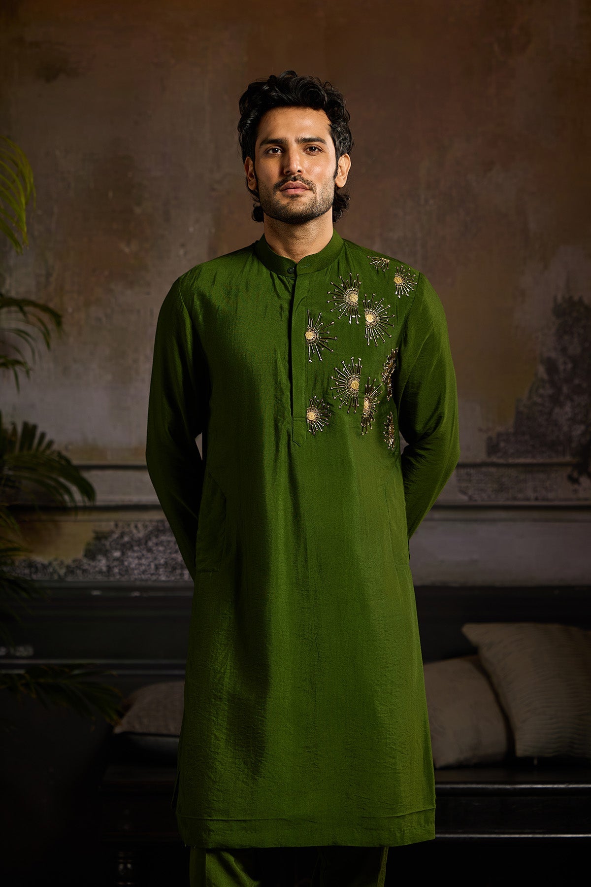 OLIVE GREEN WITH GOLD EMBROIDERED KURTA PAIRED WITH OLIVE GREEN PANTS