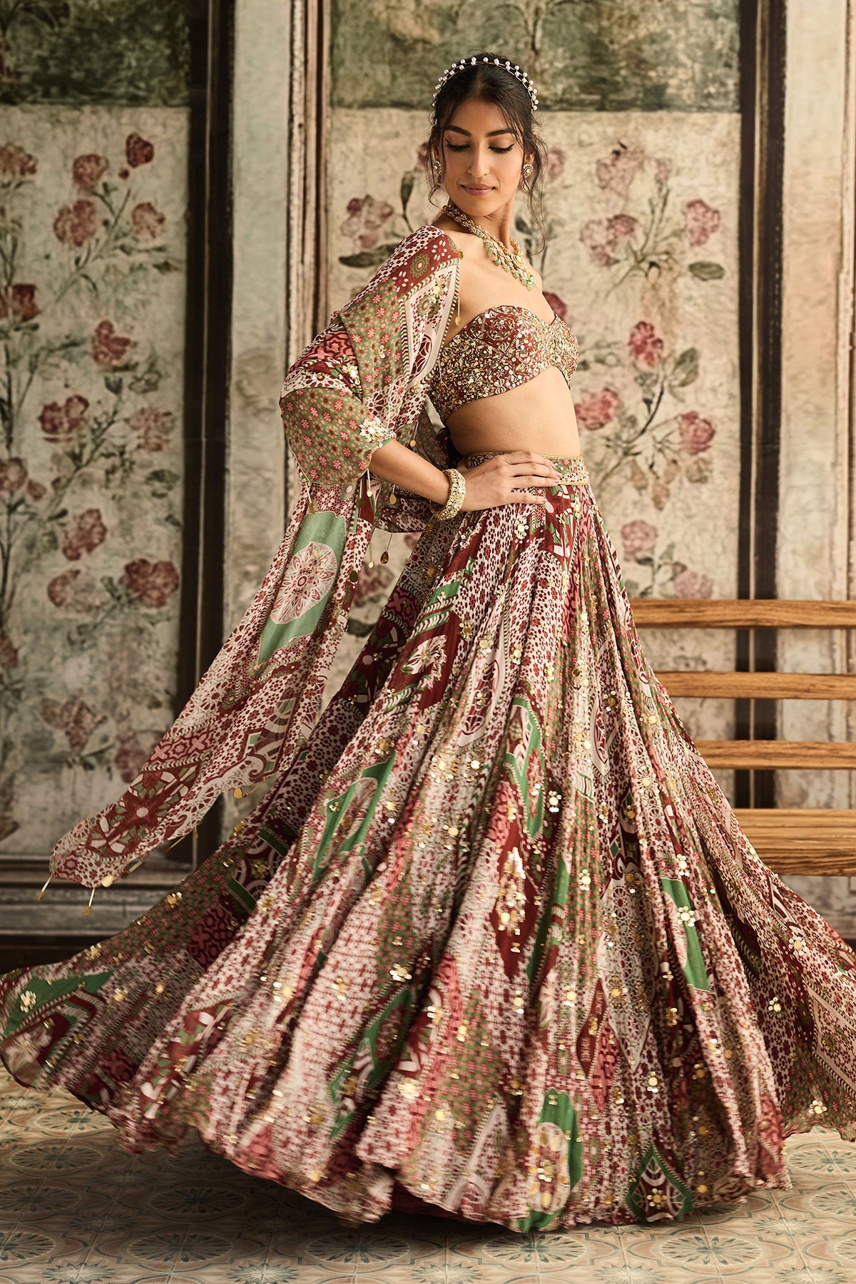 Sage-Maroon Print And Highlighted Strapless Blouse With Lehenga Set