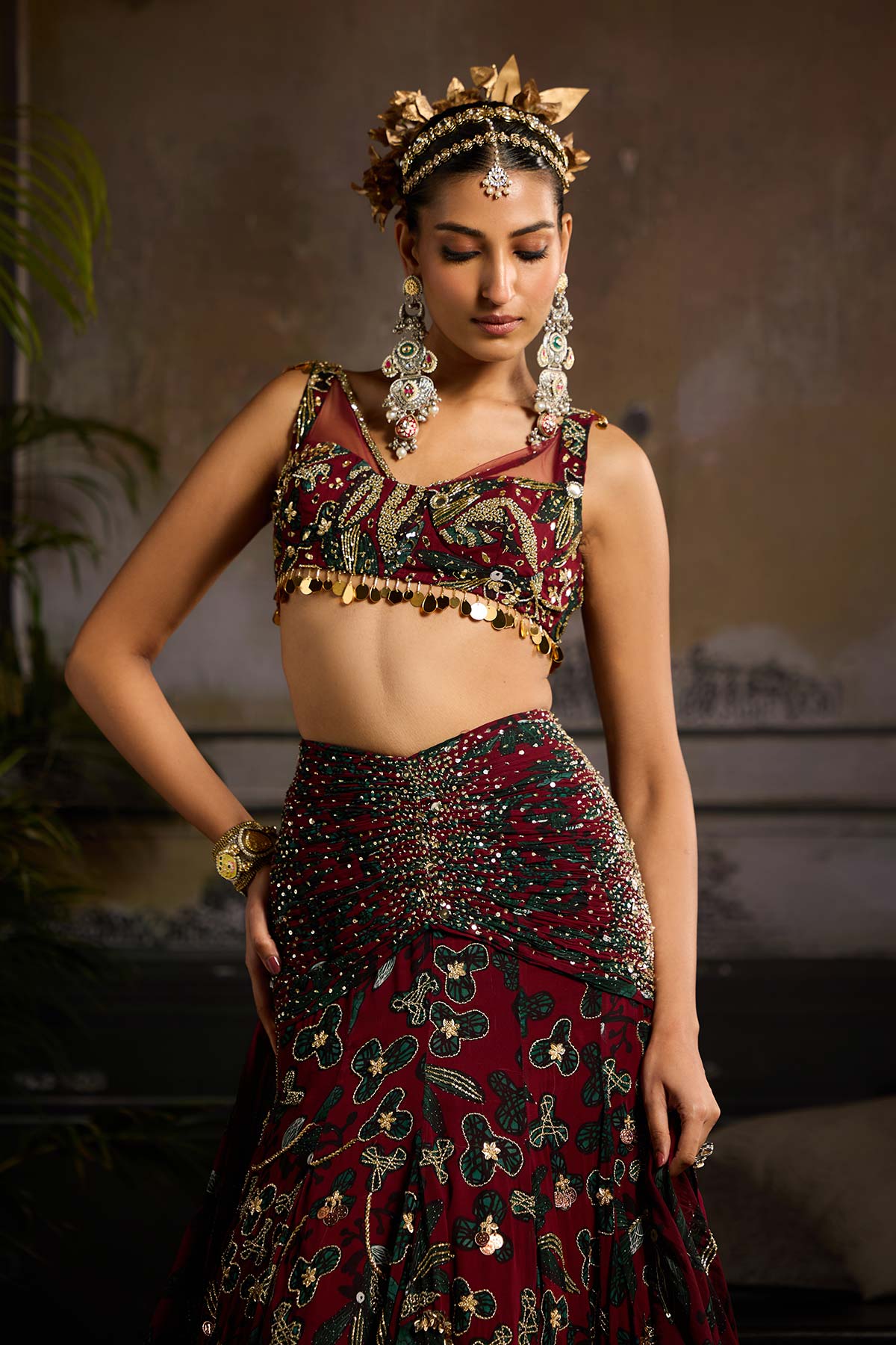 Wine Print and Highlighted Lehenga Set