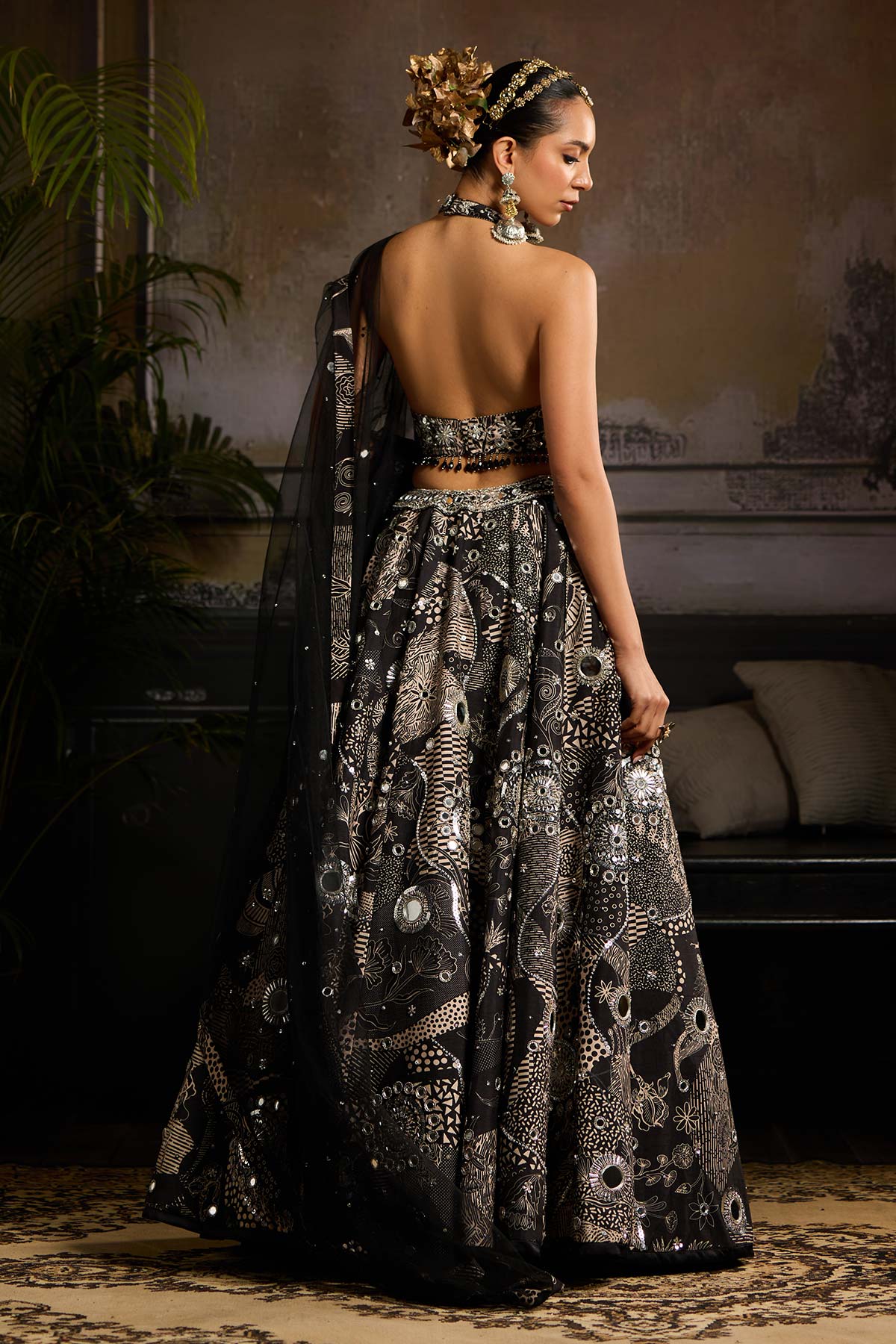 Black Print and Highlighted Lehenga Set