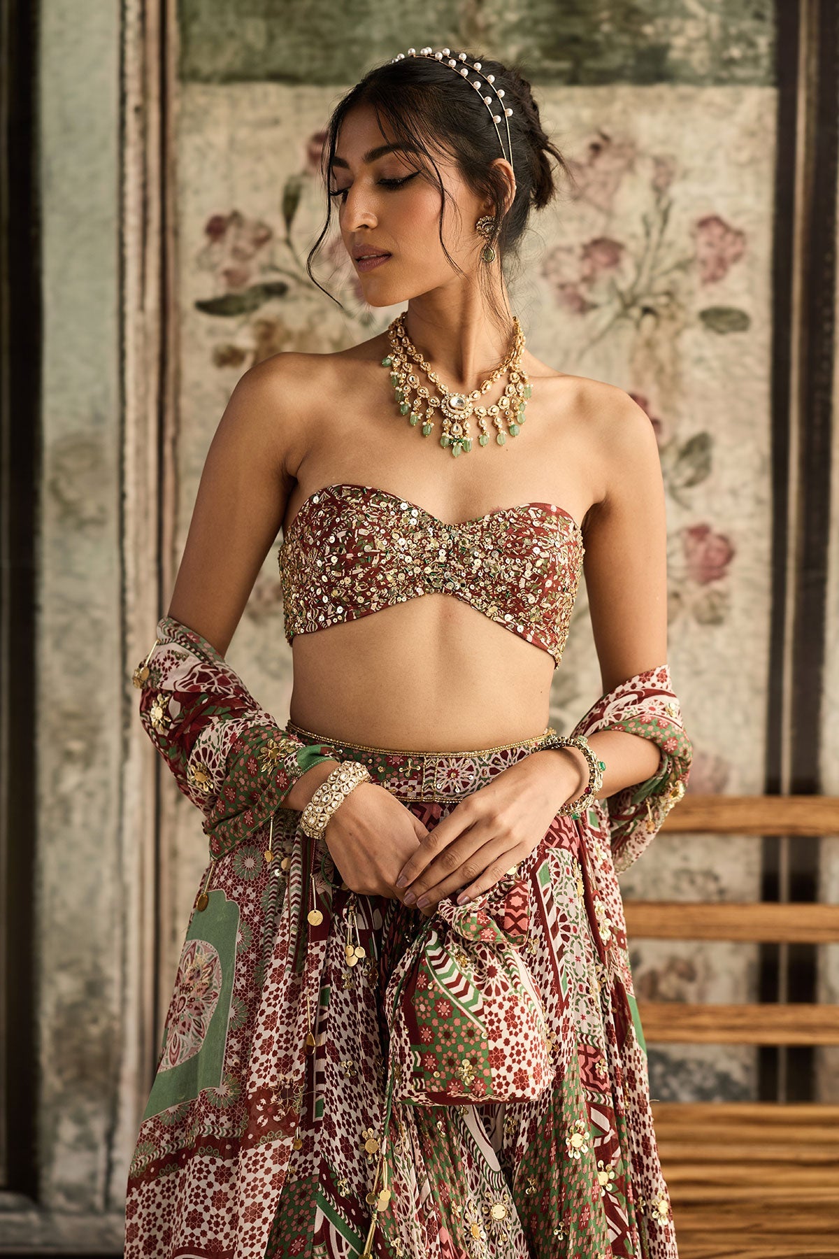 Sage-Maroon Print And Highlighted Strapless Blouse With Lehenga Set