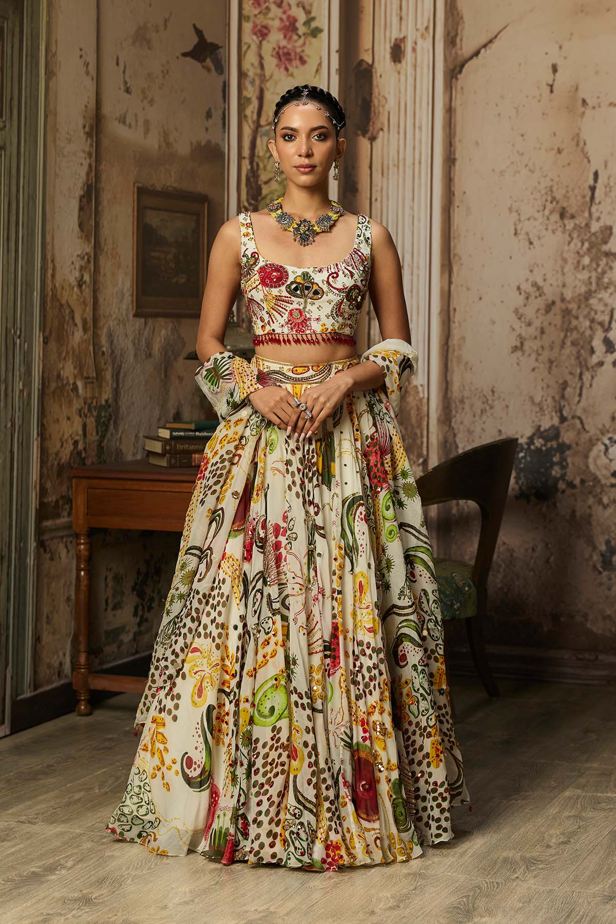 IVORY PRINT AND HIGHLIGHTED LEHENGA SET