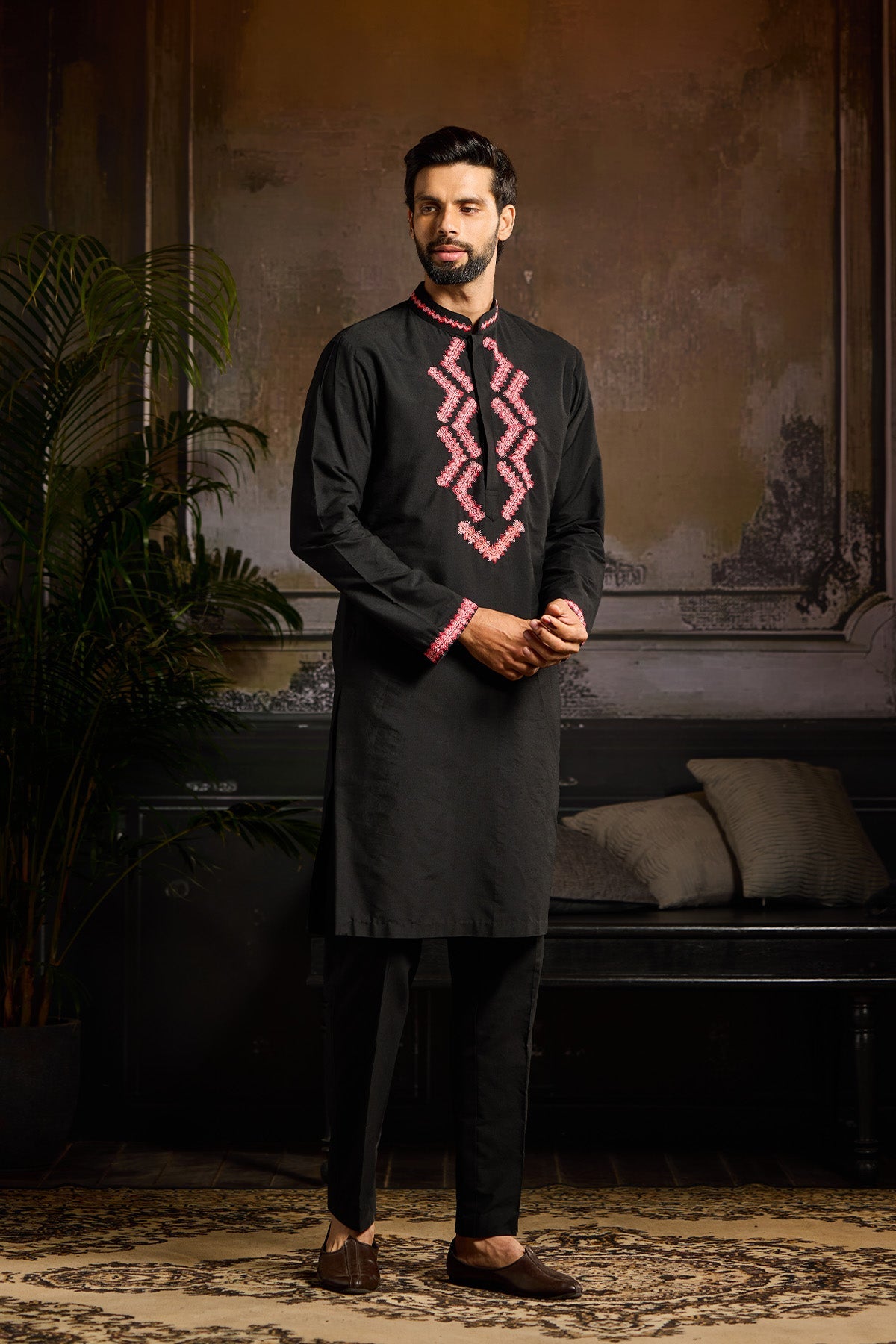 BLACK WITH MAROON EMBROIDERED KURTA PAIRED WITH BLACK PANTS