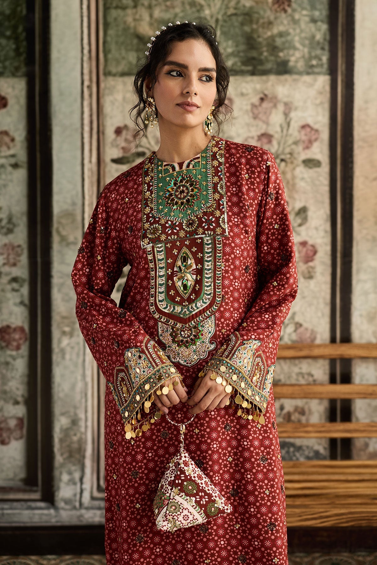 Sage-Maroon Print And Highlighted Kaftan