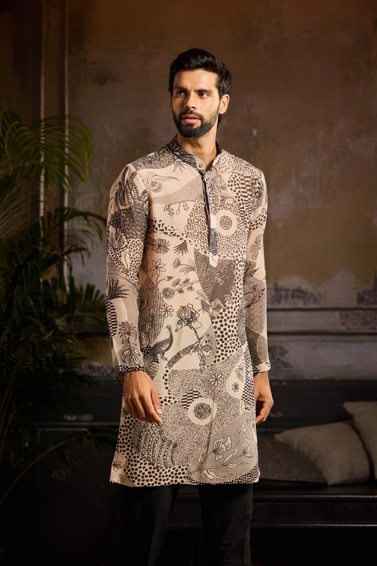 BEIGE & BLACK PRINTED KURTA PAIRED WITH BLACK PANTS