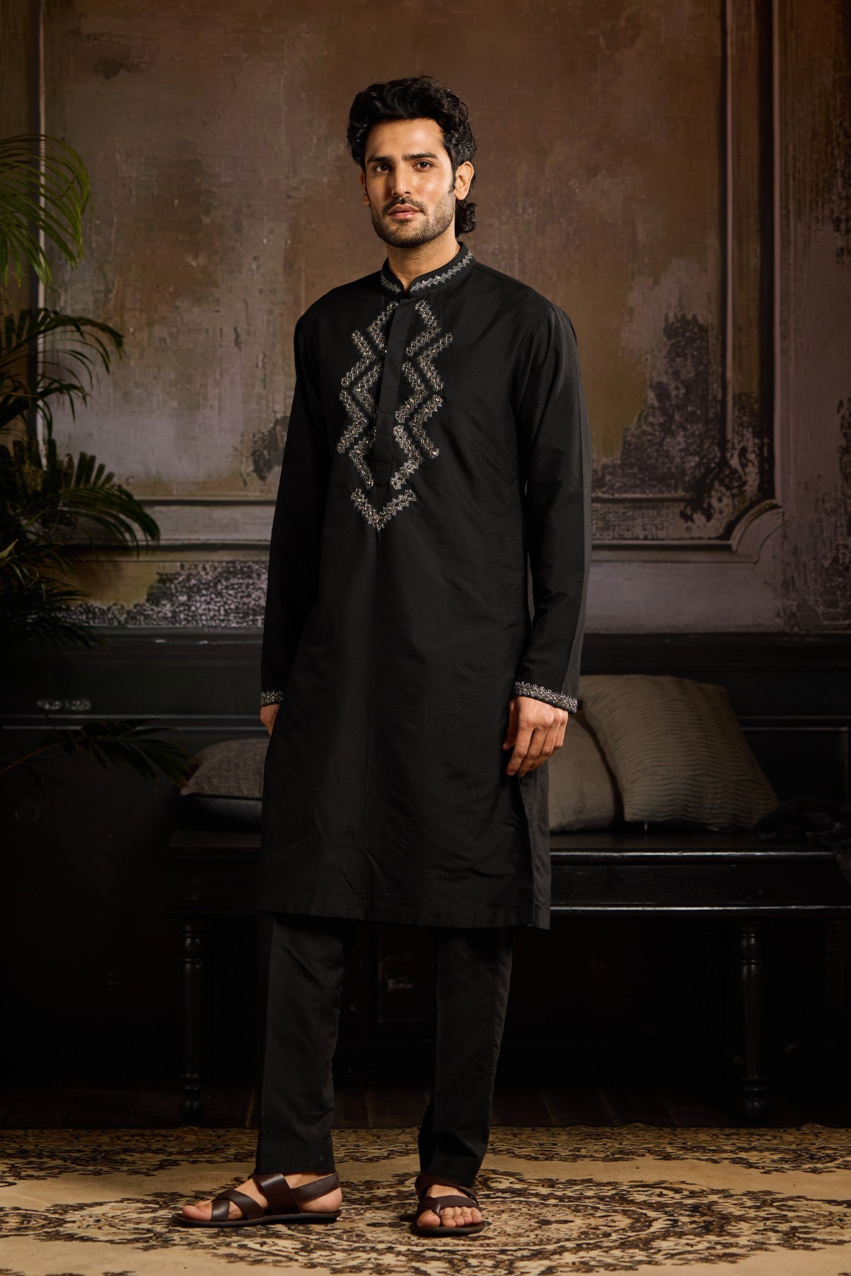 BLACK GUNMETAL EMBROIDERED KURTA PAIRED WITH BLACK PANTS