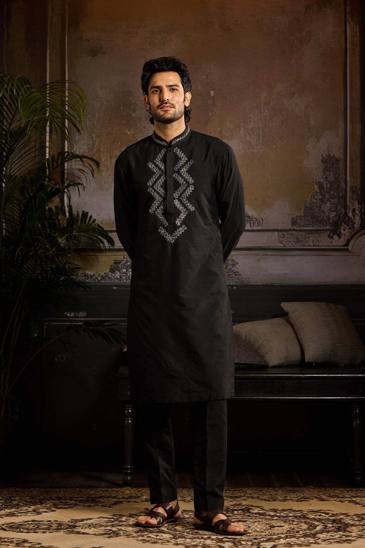 BLACK GUNMETAL EMBROIDERED KURTA PAIRED WITH BLACK PANTS