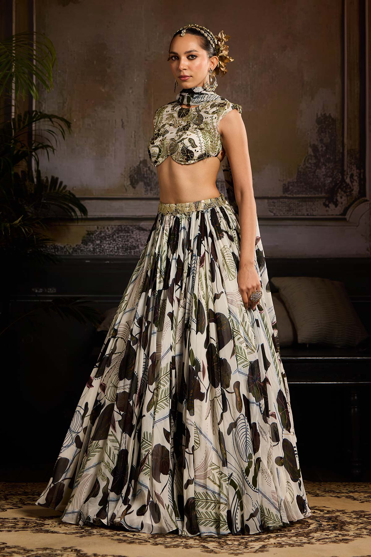 Nora Fatehi in White and Green Print and Highlighted Lehenga Set
