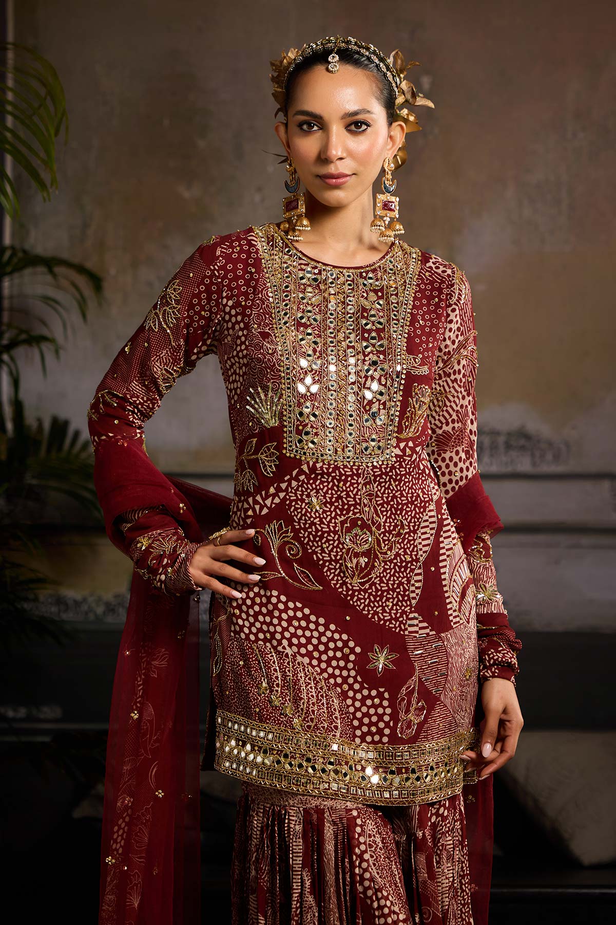 Maroon Print and Highlighted Kurti Set