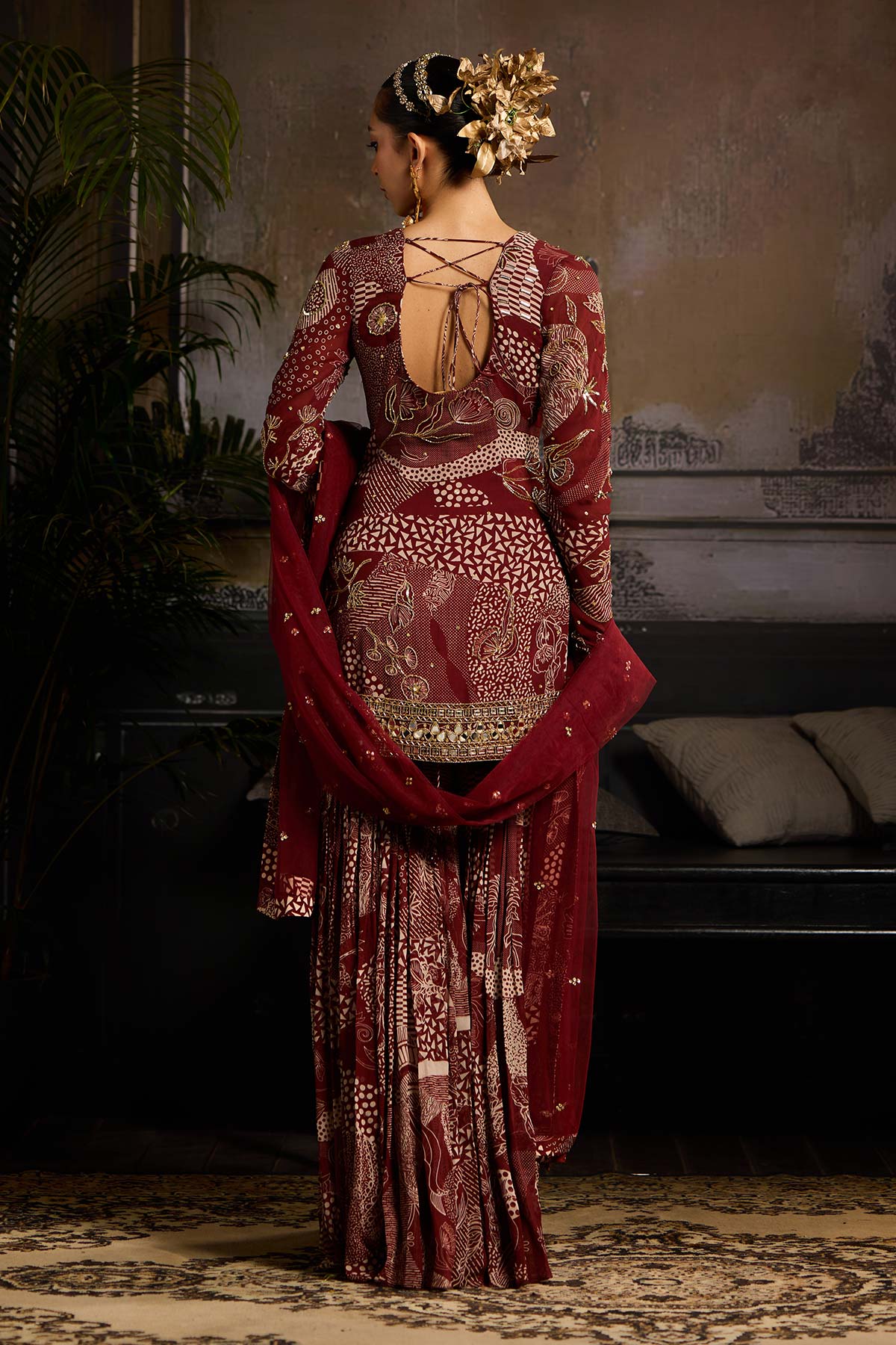 Maroon Print and Highlighted Kurti Set