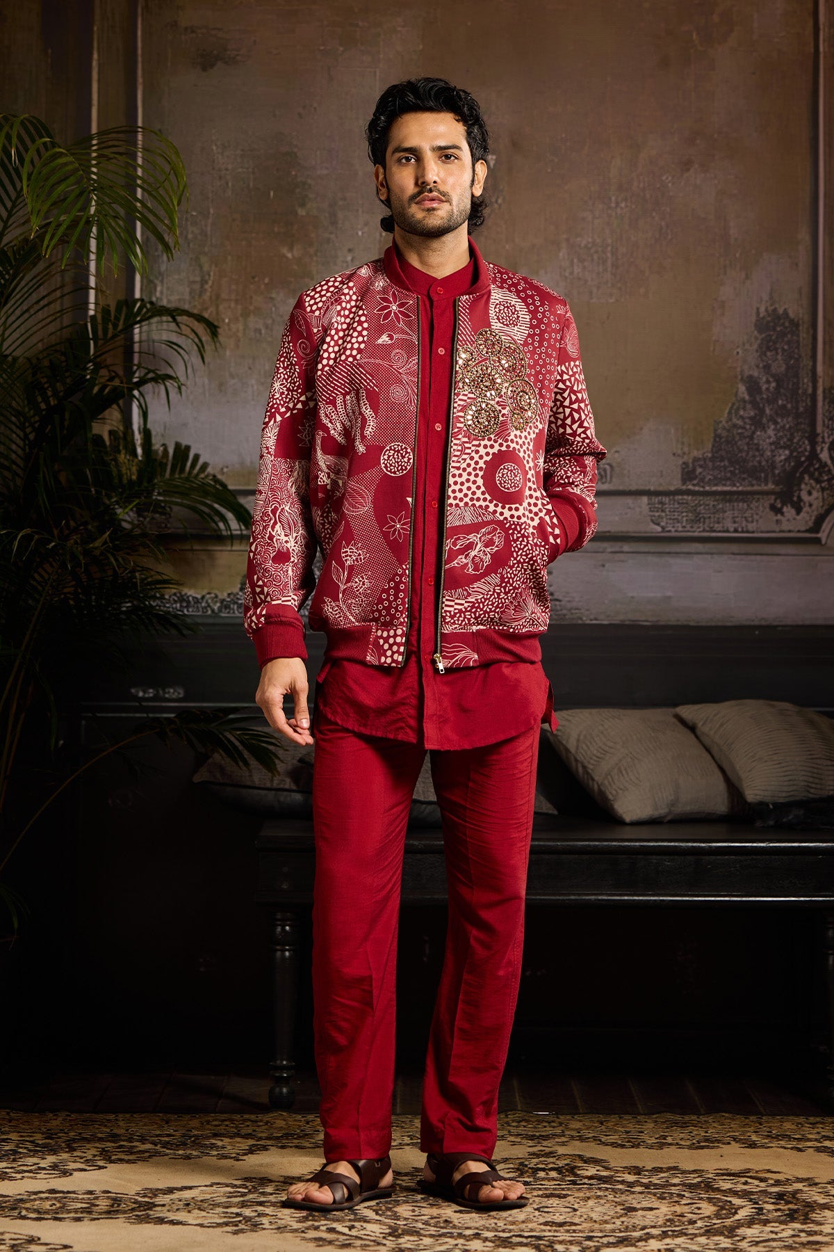 MAROON PRINT BOMBER JACKET PAIRED WITH MAROON KURTA SHIRT AND PANTS