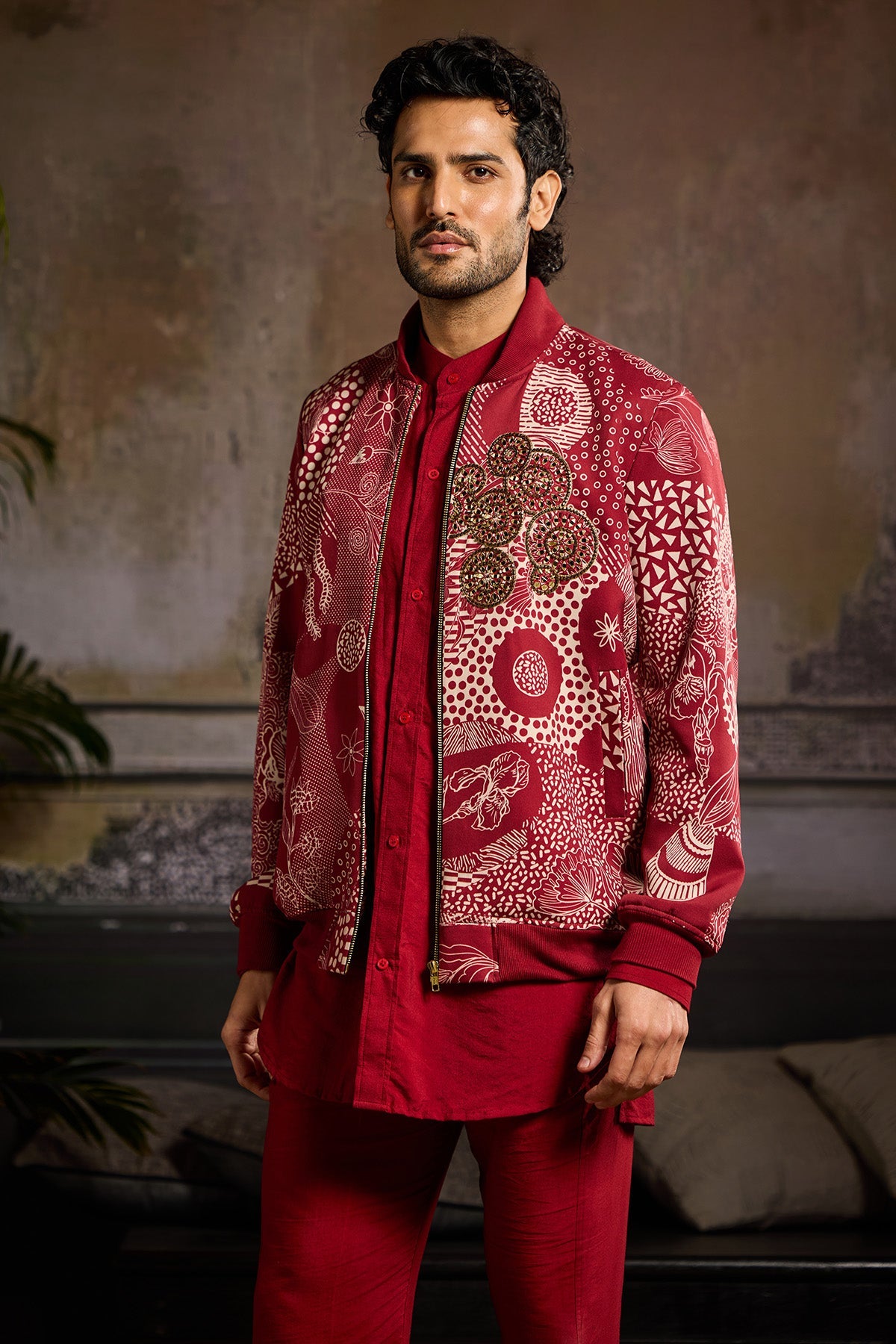 MAROON PRINT BOMBER JACKET PAIRED WITH MAROON KURTA SHIRT AND PANTS