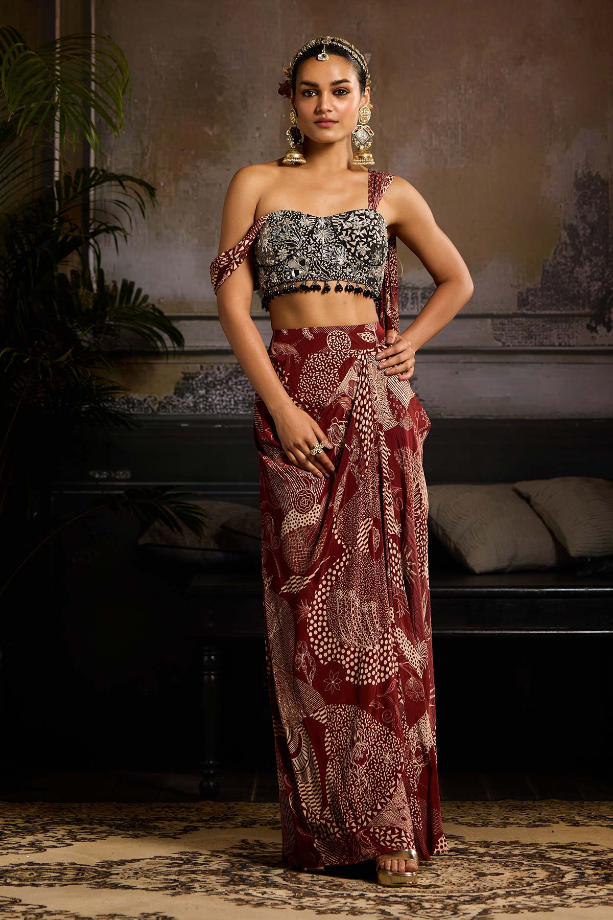 Maroon & Black Print and Highlighted Co-Ord Set