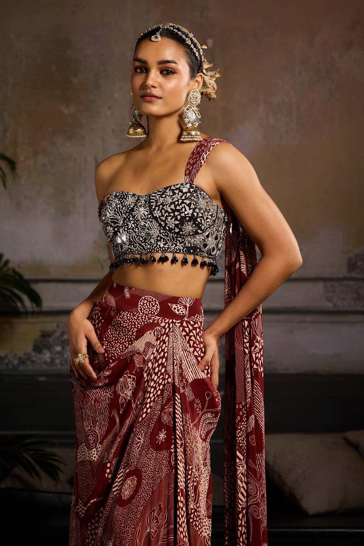 Maroon & Black Print and Highlighted Co-Ord Set