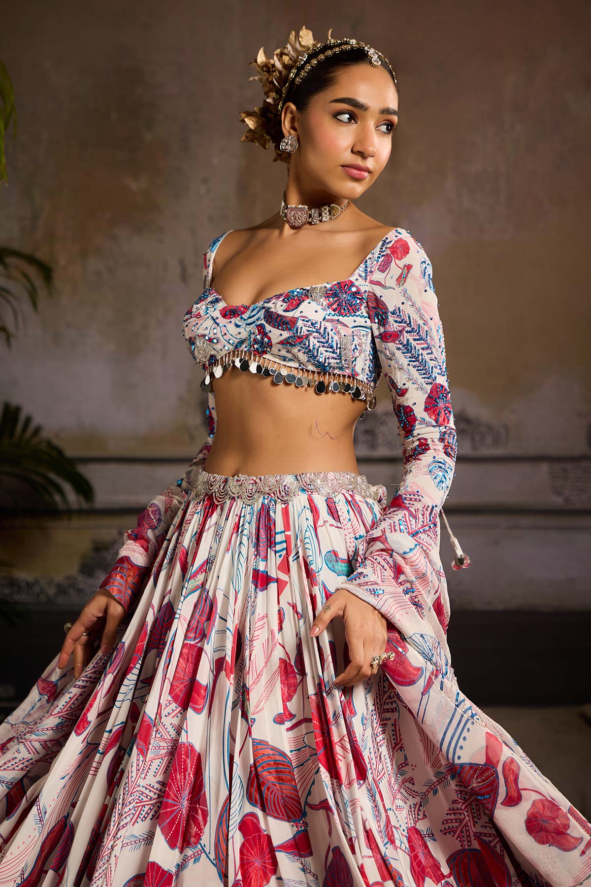White and Pink Print and Highlighted Lehenga Set