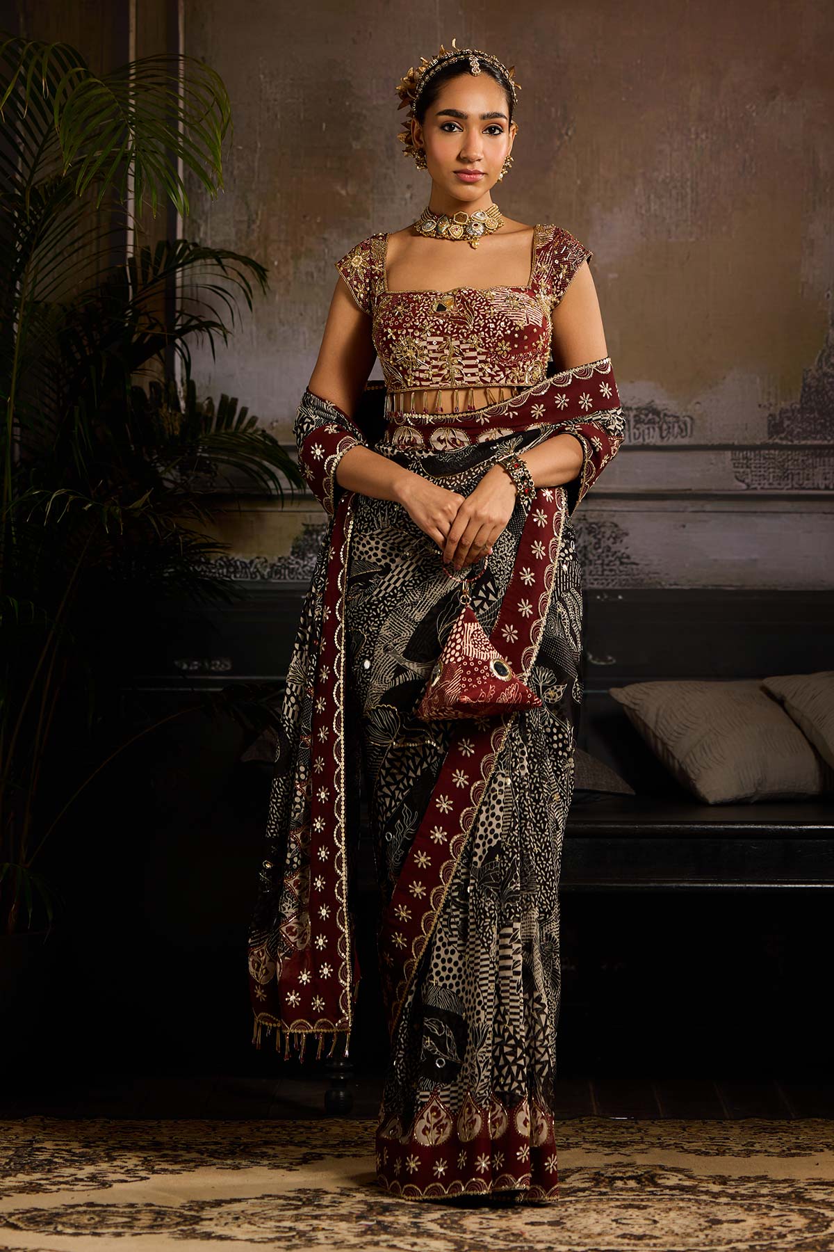 Black & Maroon Print and Highlighted Pre Stitched Saree Set