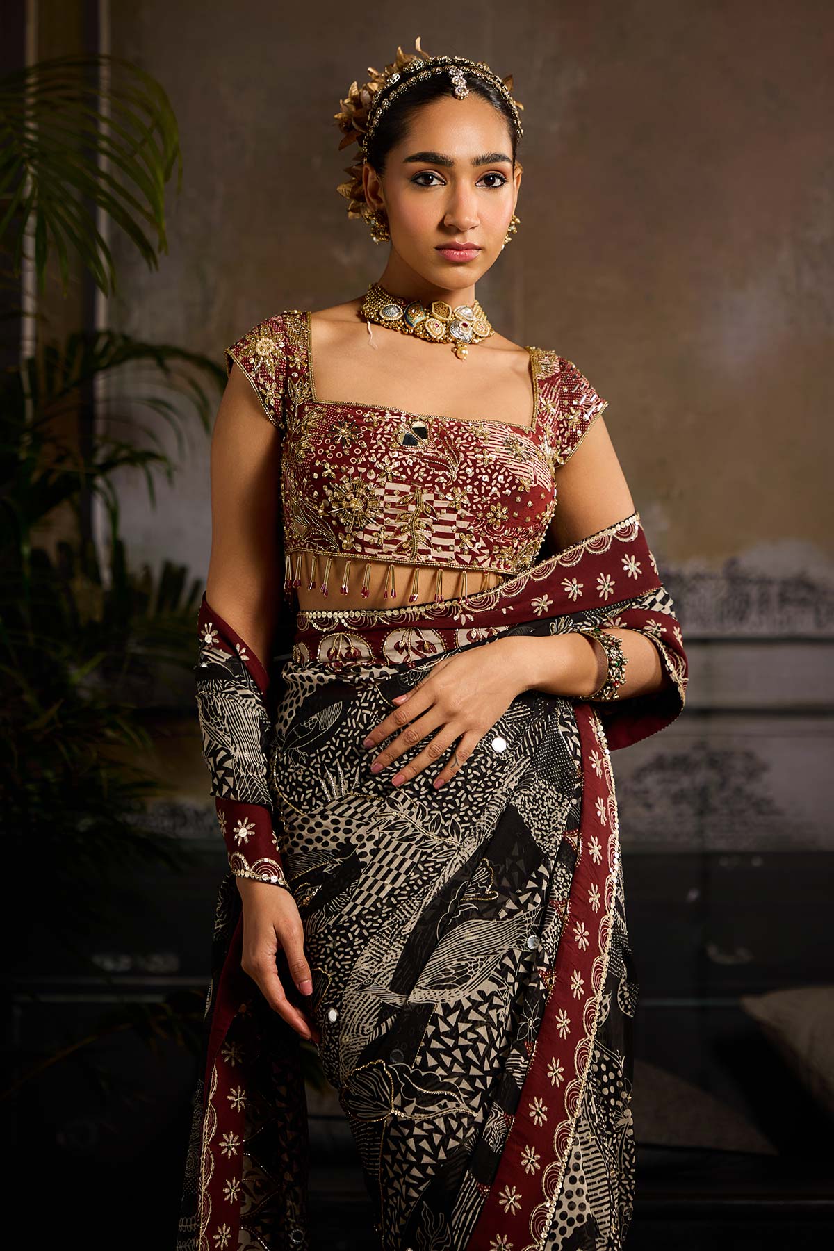 Black & Maroon Print and Highlighted Pre Stitched Saree Set